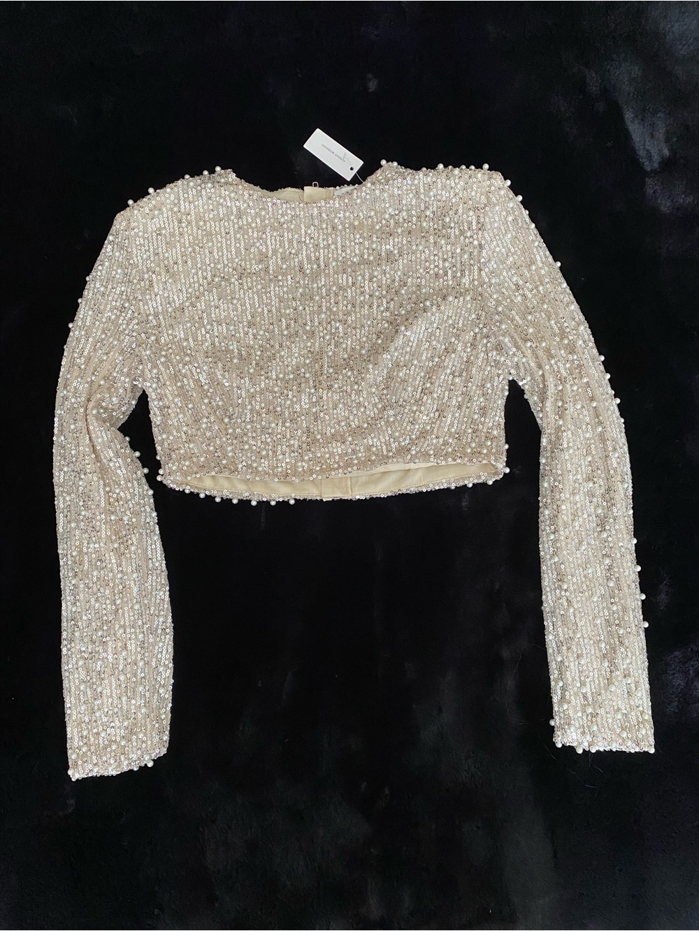 Pearl-Embellished Long-Sleeve Crop Top - Champagne